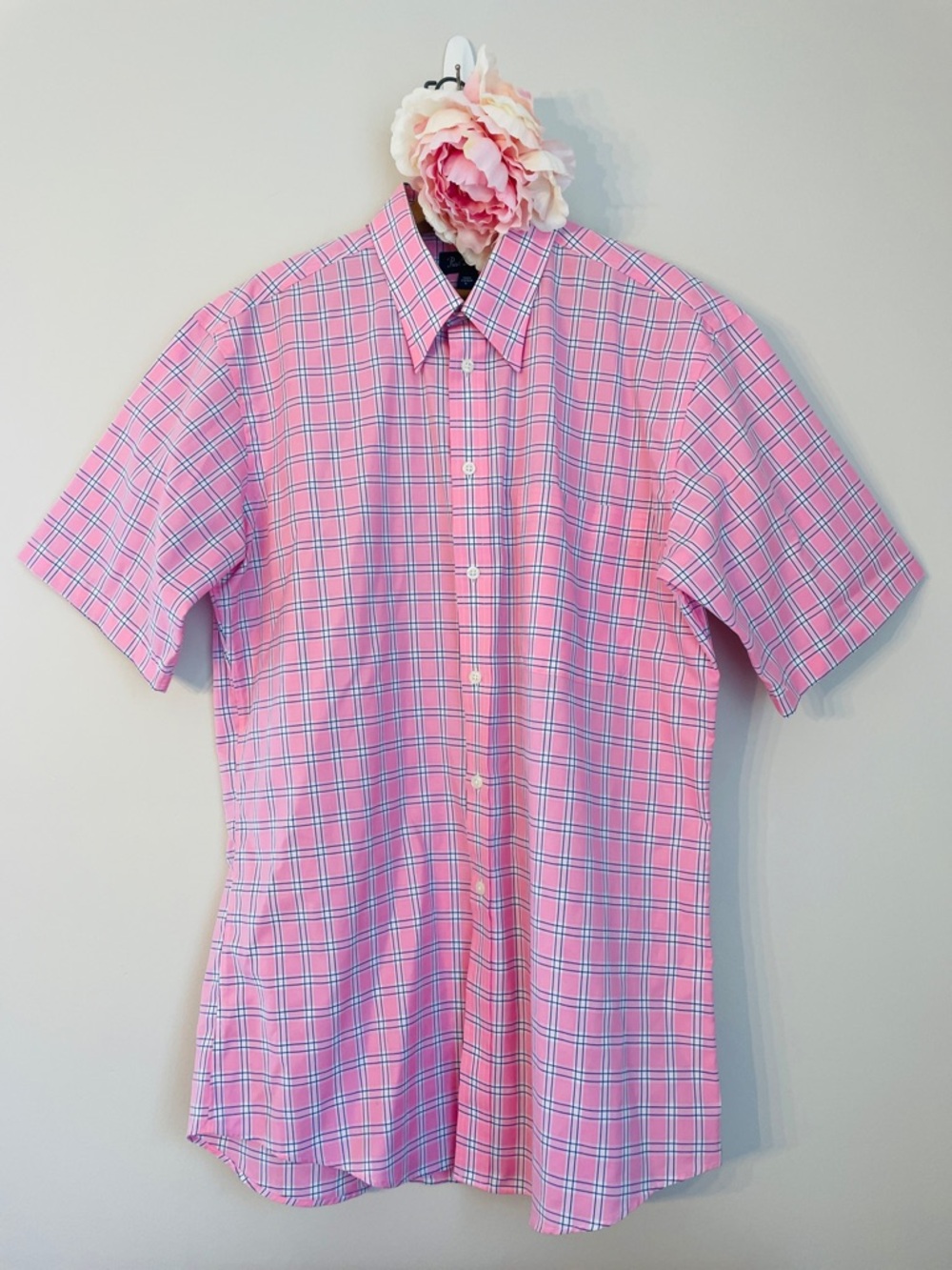Paul Fredrick Pink Plaid Striped Short-Sleeve Performance Cotton Sport Large